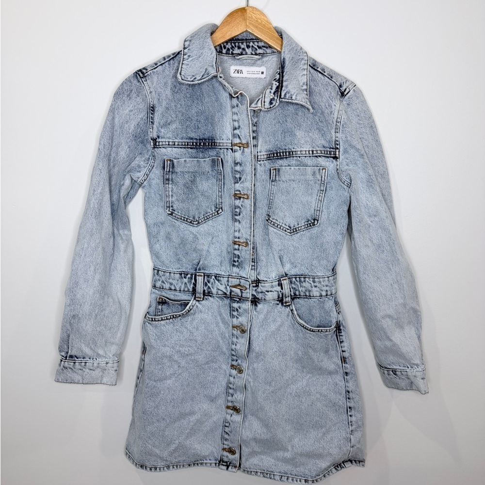 Zara Denim Cotton Long Sleeve Button Up Dress w/ Pockets
